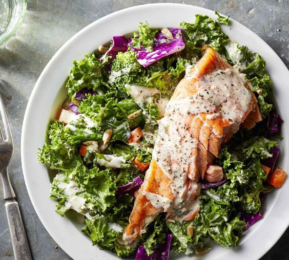 Superfood Slashed Salad with Salmon  Velvety Garlic Dressing