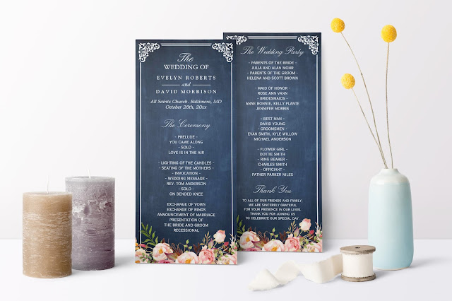 Vintage Floral Blue Chalkboard Wedding Program