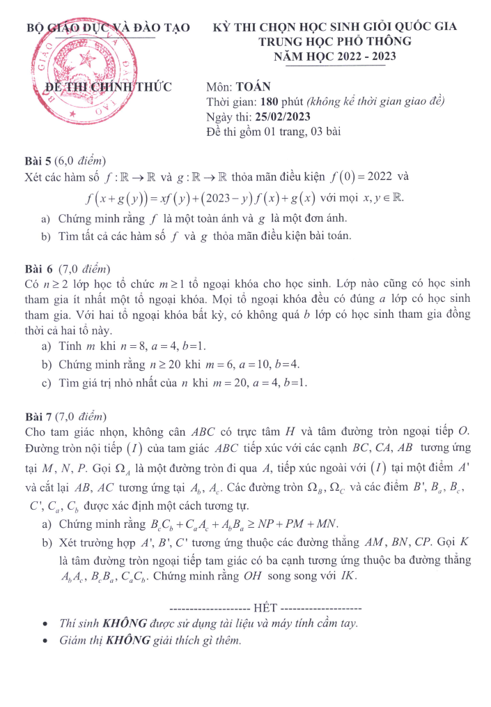 đề thi học sinh giỏi quốc gia năm 2022-2023 môn toán
