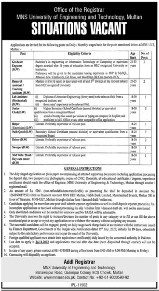 MNS University of Engineering and Technology Jobs in Pakistan 2022