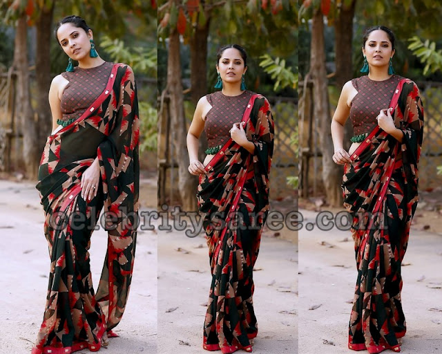 Anasuya Black and Red Chiffon Saree