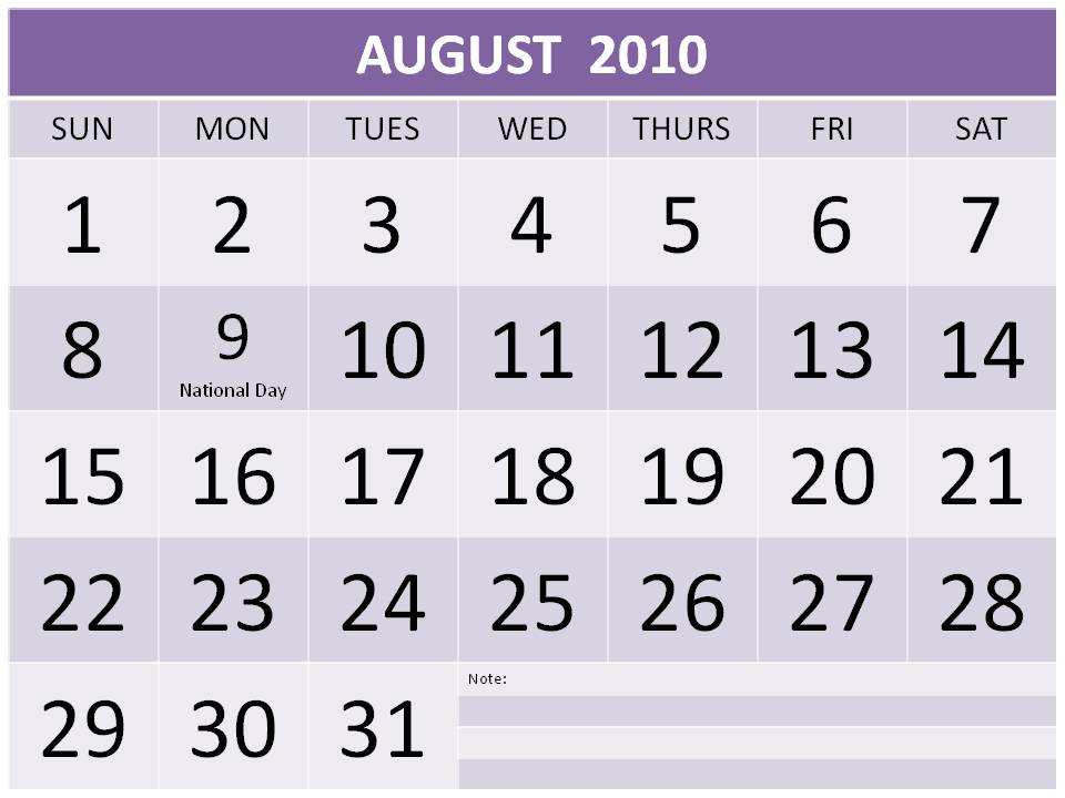 august 2010 calendar printable. Free Singapore August 2010