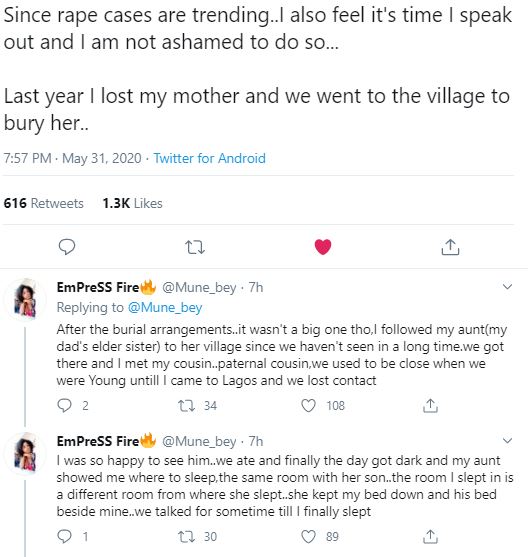 Lady recounts How Her cousin raped Her during Their grandma’s burial in the village