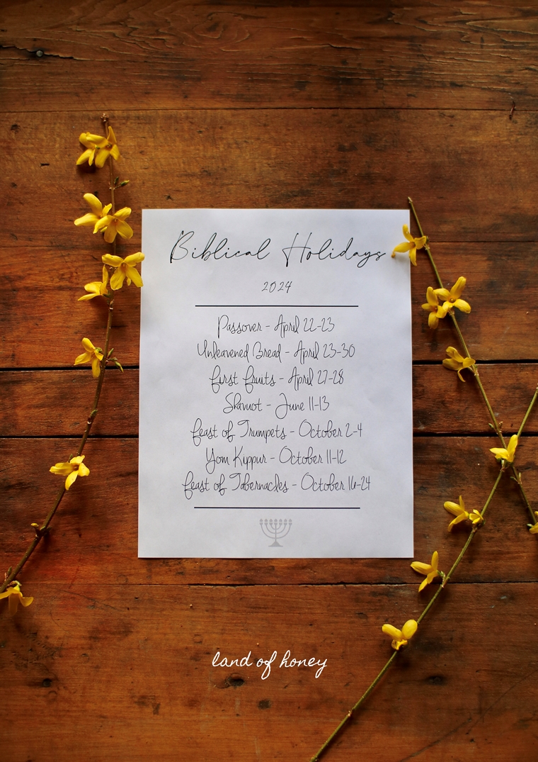 Image is a white piece of paper listing the Biblical holiday dates for the year of 2024, it is resting on a wooden table, with forsythia branches with yellow flowers around it.