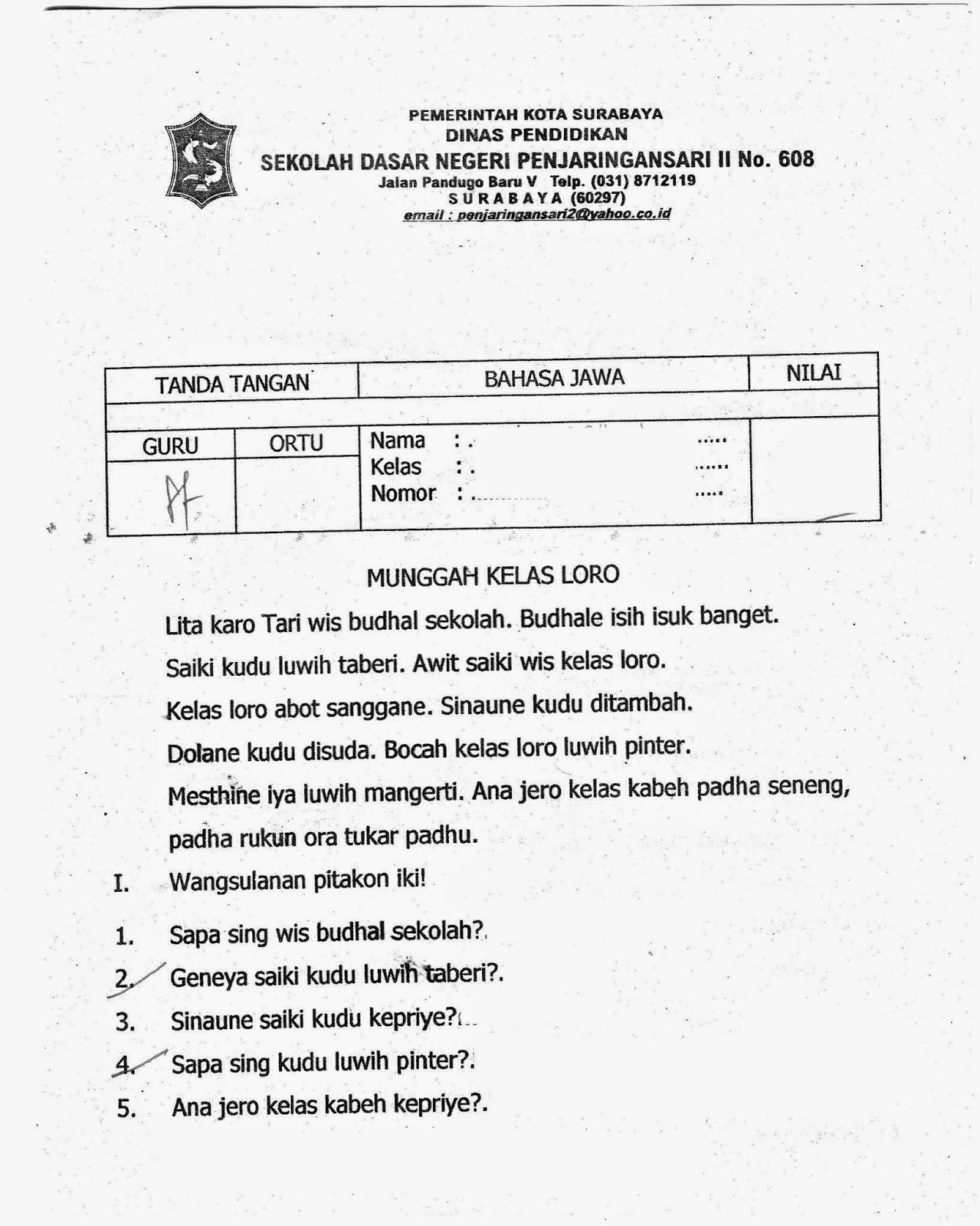 UTS Ke 1 Bahasa Jawa Kelas 2 SD TA 2014 2015 Kurikulum 2013 Download lengkap pada ling dibawah