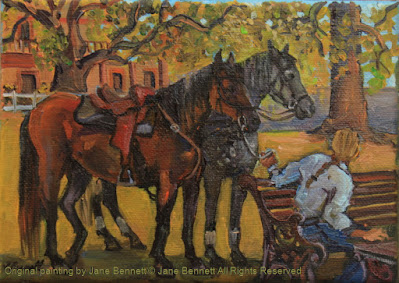 plein air oil painting of horses in Thompson's Square, Windsor,  painted by artist Jane Bennett