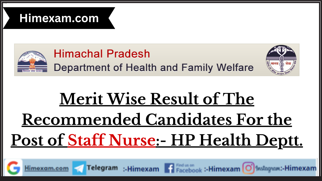 Merit Wise Result of The Recommended Candidates For the Post of Staff Nurse:- HP Health Deptt.
