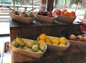 bowls of apples, pears, oranges at Pirates village Majorca buffet 