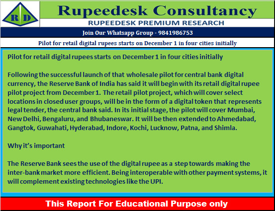 Pilot for retail digital rupees starts on December 1 in four cities initially - Rupeedesk Reports - 30.11.2022