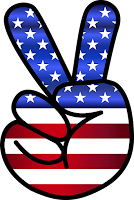 A cartoon hand with an American flag pattern making the sign of peace.