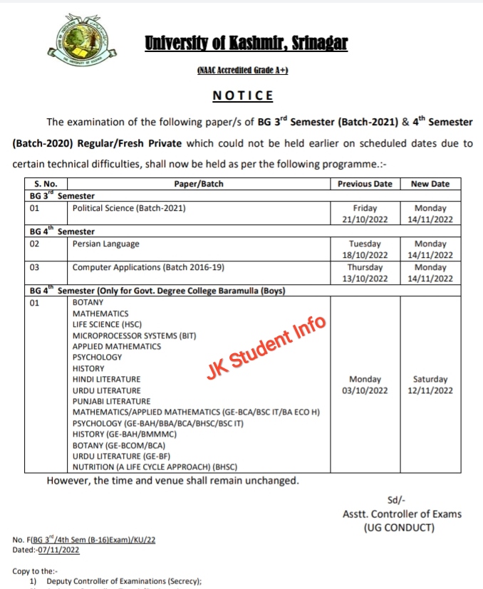 Kashmir University: Important Notice For BG 3rd Sem (Batch-2021) & 4th Semester (Batch-2020) Regular/Fresh Private - Check Here