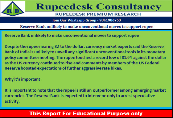 Reserve Bank unlikely to make unconventional moves to support rupee - Rupeedesk Reports - 29.09.2022