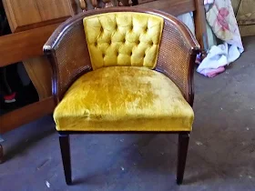 Vintage Arm Chair - Gold Velvet Hollywood Regency Caned Barrel Chair (NW OKC)