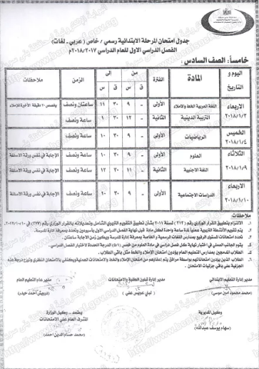 جدول إمتحانات نصف العام 2018 بمحاففظة بني سويف - لجميع المراحل