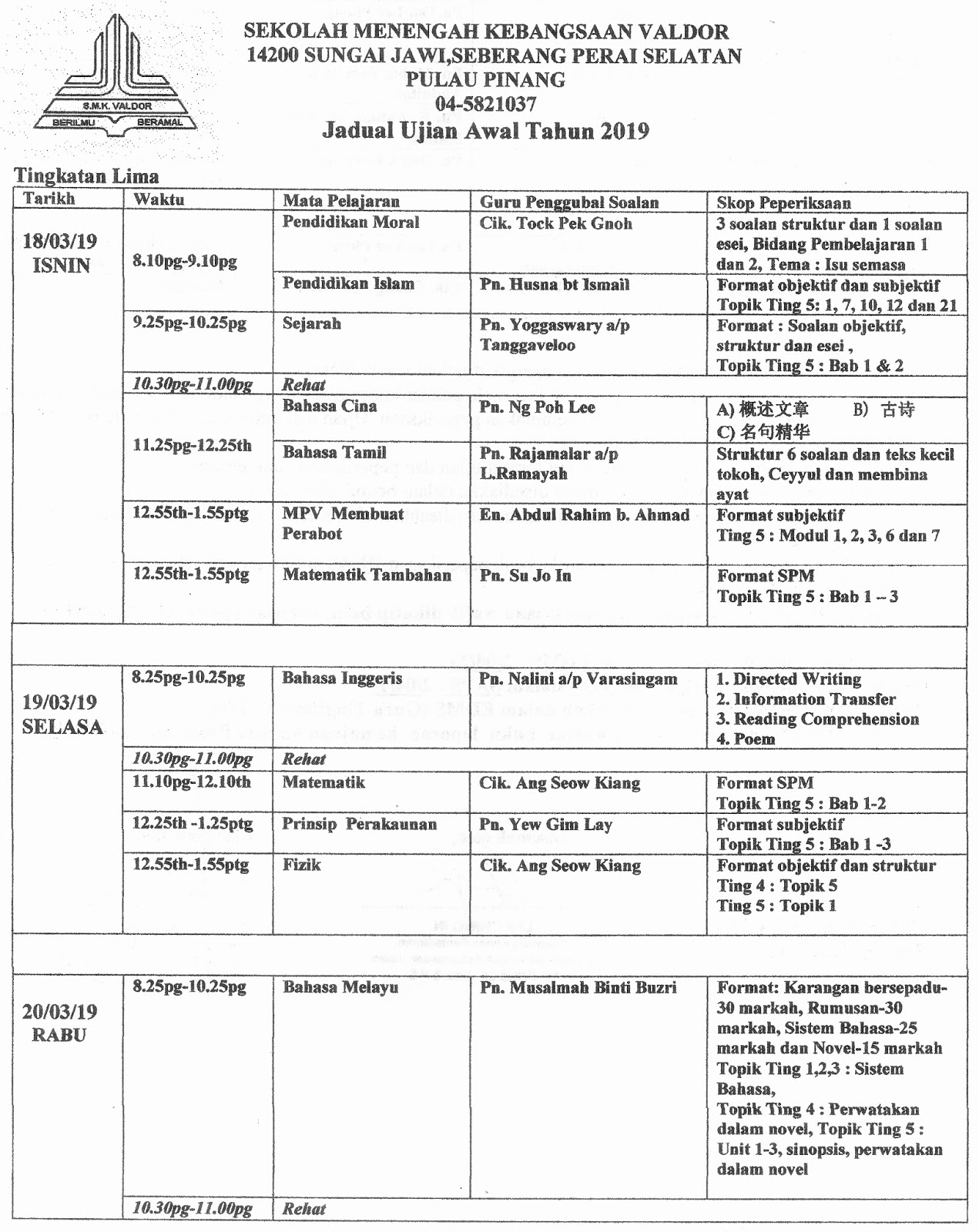 BLOG RASMI SEKOLAH MENENGAH KEBANGSAAN VALDOR: Jadual 