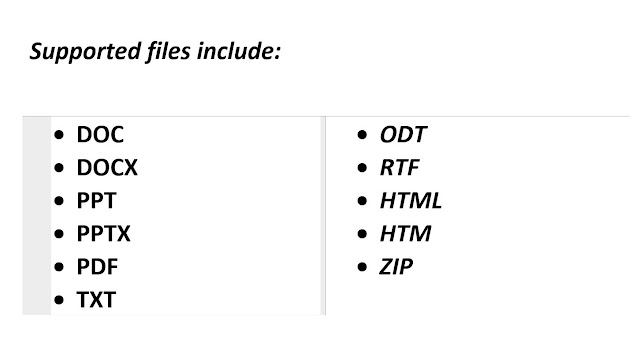 An image of the types of files supported by SafeAssign including: .doc , .docx , .ppt , .pptx , .pdf , .txt