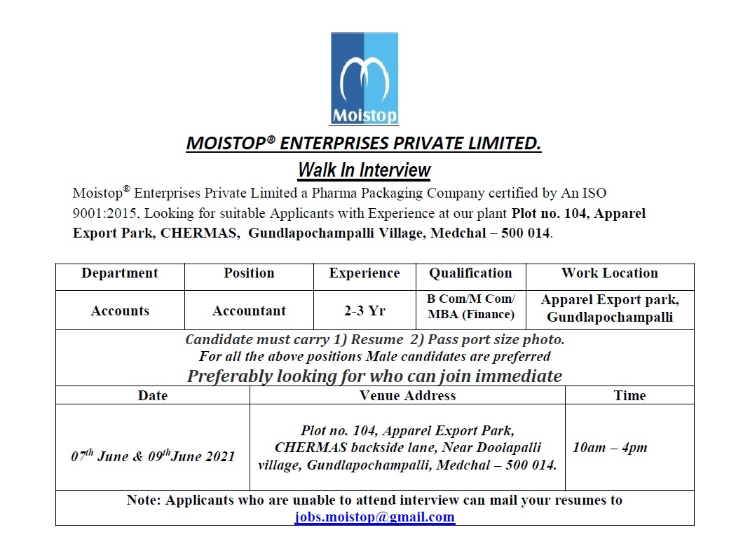 Job Availables, Moistop Enterprises Pvt. Ltd – Walk-In Interviews for Accounts Department