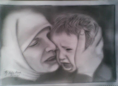 رسم طفل والأم بالرصاص