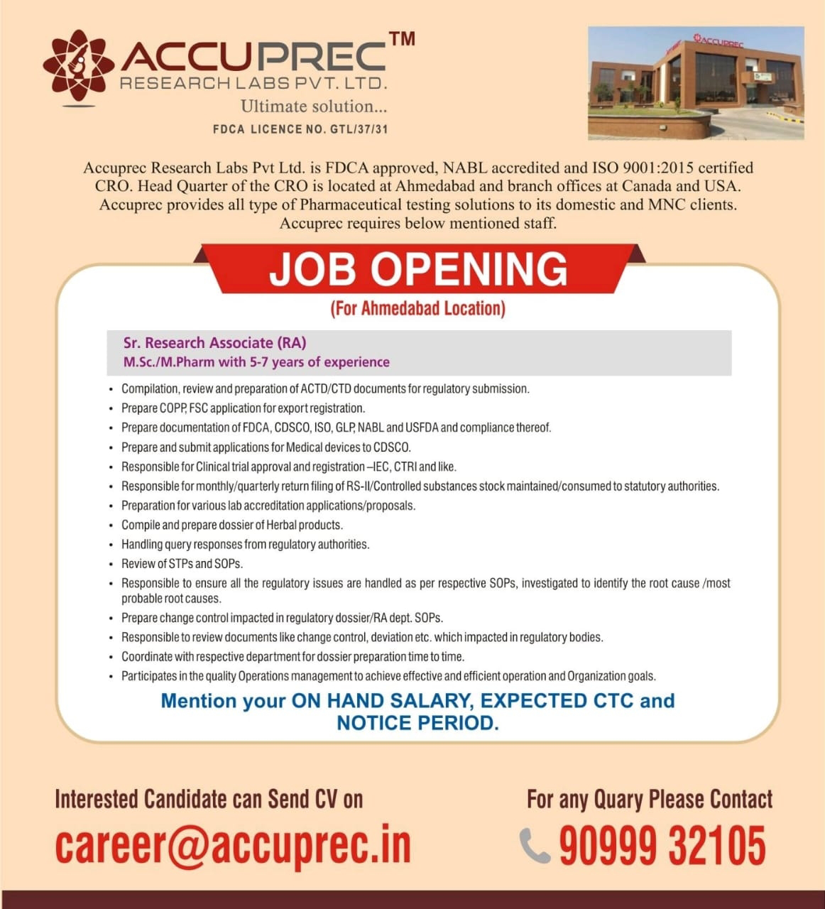 Job Availables,Accuprec Research Labs Pvt Ltd M.Sc/M.Pharm/Ph.D.