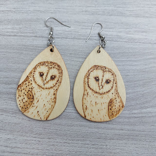 Wood burned barn owls on wooden drop earrings