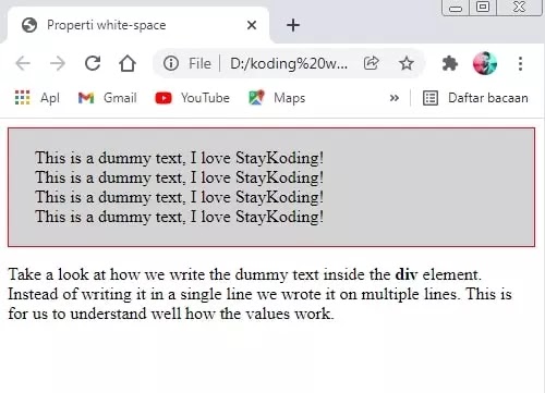 menggunakan properti white-space di css untuk teks