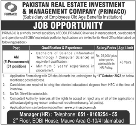 Latest Pakistan Real Estate Investment & Management Company PRIMACO Management Posts Islamabad 2022