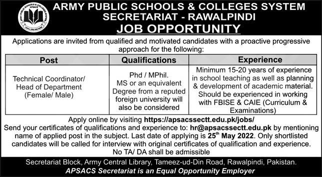 Latest Army Public School & College Management Posts Rawalpindi 2022