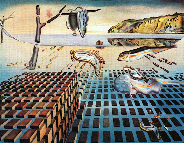 A surrealist painting by Salvador Dali featuring melting clocks and a fish