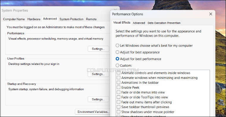 تعطيل المؤثرات البصرية في ويندوز