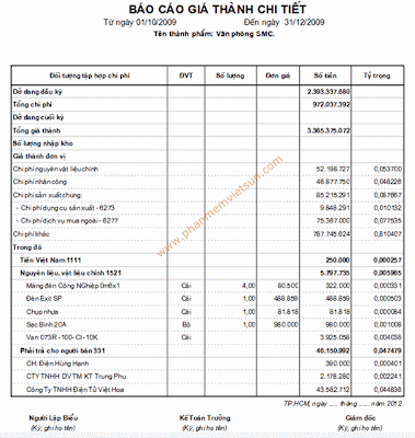 báo cáo chi tiết giá thành xây dựng xây lắp 