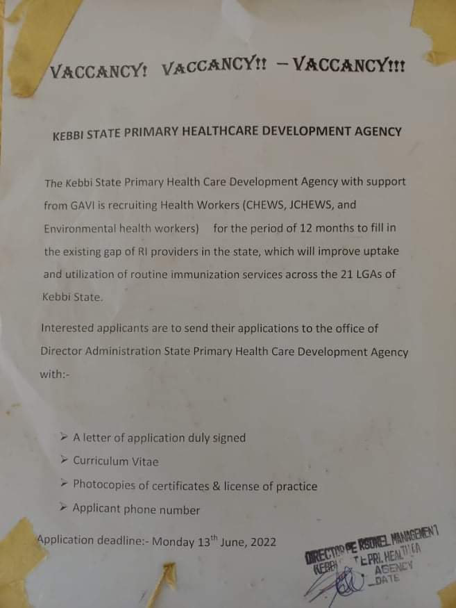 Massive Job Recruitment at KEBBI STATE PRIMARY HEALTHCARE DEVELOPMENT AGENCY