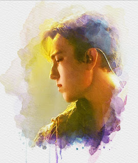 Edited pic of Dimash Kudaibergen with a colourful watercolour look to it
