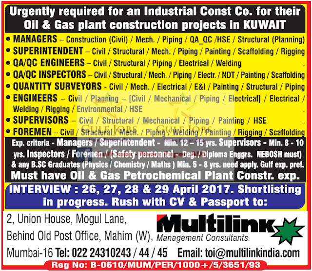 Oil & Gas Plant Construction Project Jobs for Kuwait