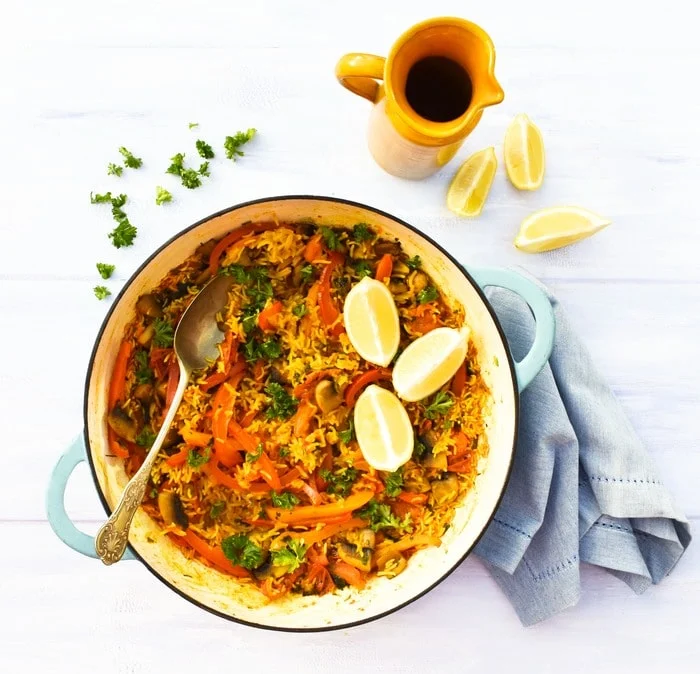 Vegetable Paella in a shallow casserole pan