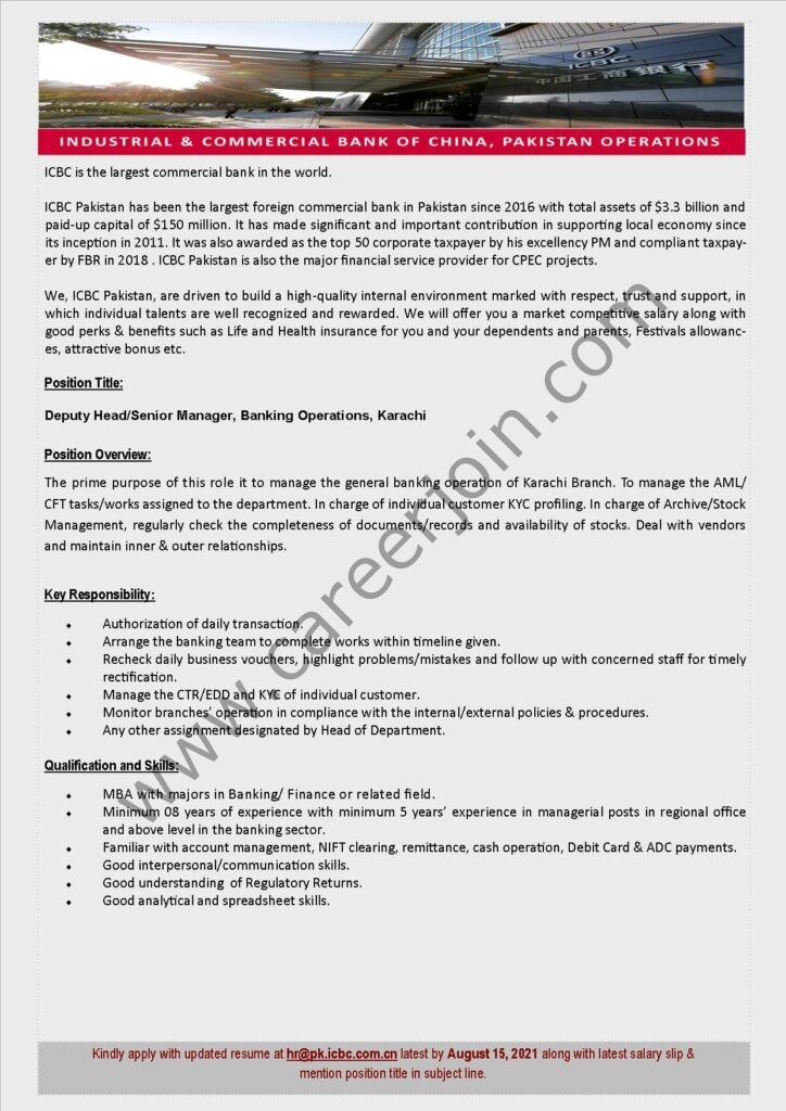 Industrial and Commercial Bank of China Ltd ICBC Jobs Deputy Head/Senior Manager