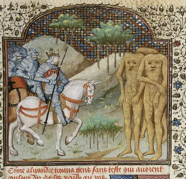 Alexandre encontra os homens sem cabeça (gens sans teste), miniatura da História de proelis em francês.