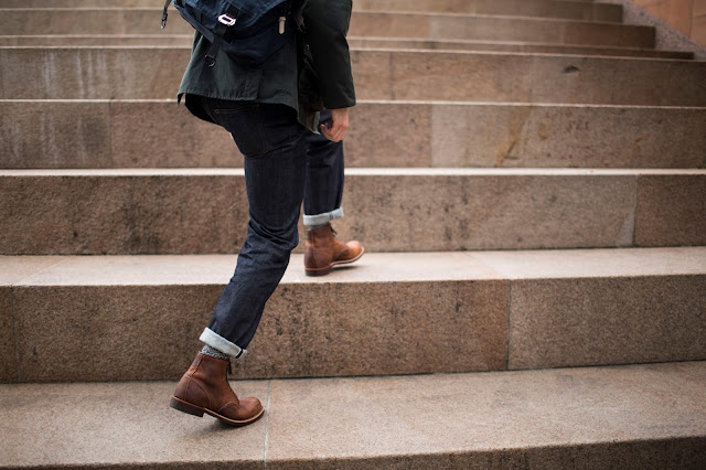 red wing blacksmith boots in rough and tough leather with albam jeans