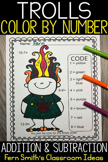 Trolls Color By Number Addition and Subtraction Resource comes with 4 student PDF worksheets and 4 PDF answer keys. You have my full permission to share this resource with your students electronically during this time of distance learning. You may also copy them and use them in a take-home worksheet packet if your school does that for students with slow to no Internet. One other option is to send it to the parents attached to an email. This way you are sending something home at the beginning of the year that is fun and high interest for your new students. #FernSmithsClassroomIdeas