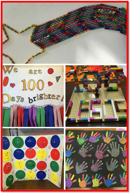 100th day of school family projects.  Students create at home with their families and bring back to school. 