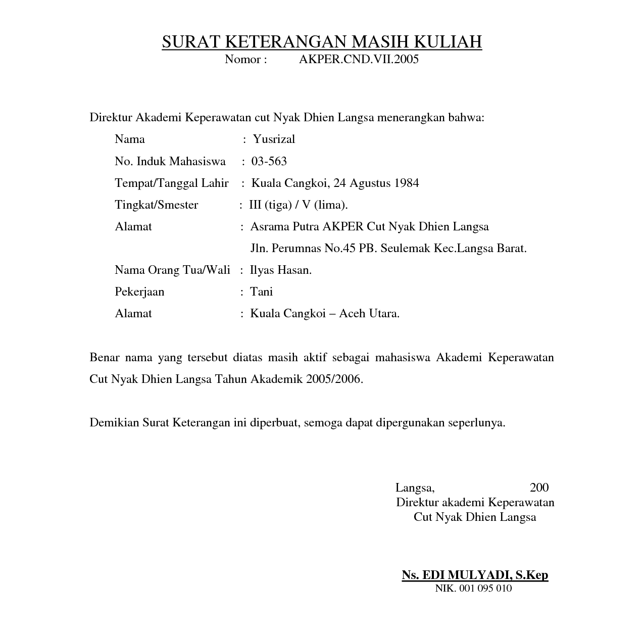 Contoh Surat Keterangan Masih Kuliah