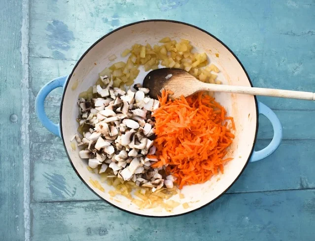 Making  Vegan Haggis Step 4 (carrots and mushrooms added to the pan)