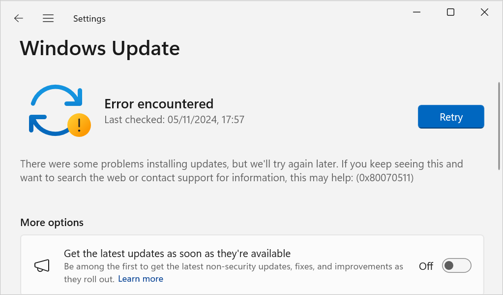 Screenshot of a Windows Update error on Windows Server 2025