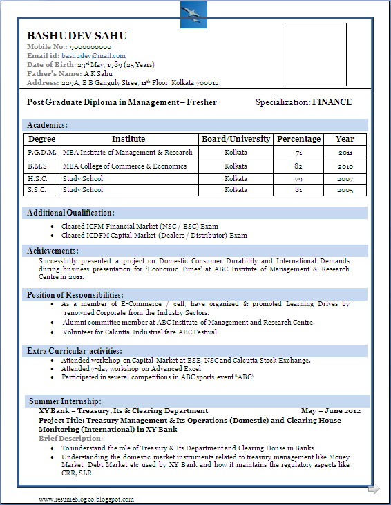 Sample of a Beautiful Resume format of MBA Fresher 