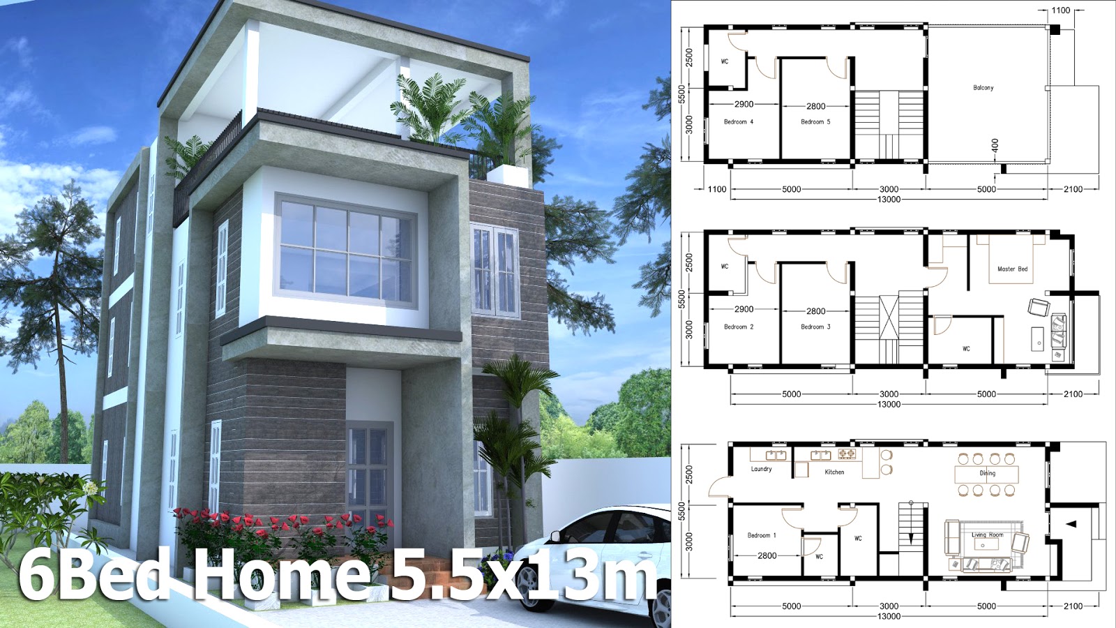 SketchUp Modern Home Plan 5 5x13m With 6 Bedroom 
