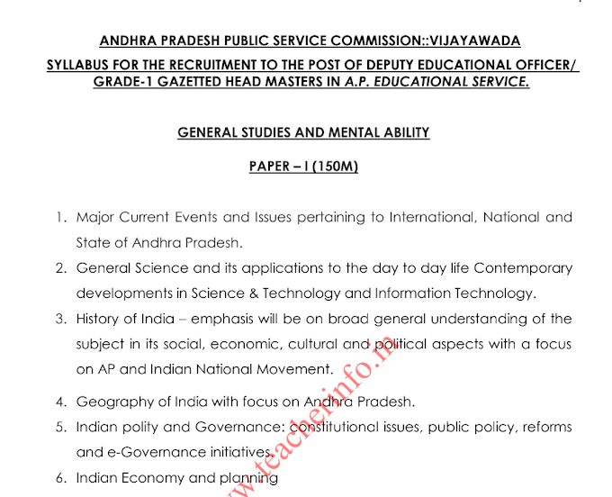 Official Syllabus for Deputy Educational Officer and GR-! Headmaster in AP