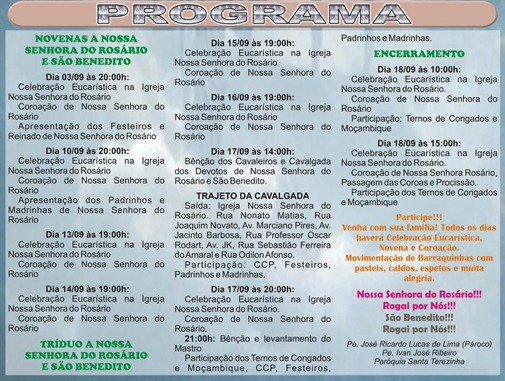 CLIQUE AQUI PARA AMPLIAR - Programa completo da Festa em Louvor a Nossa Senhora do Rosário e São Benedito - Paróquia Santa Terezinha - de 10 a 18 de setembro de 2011