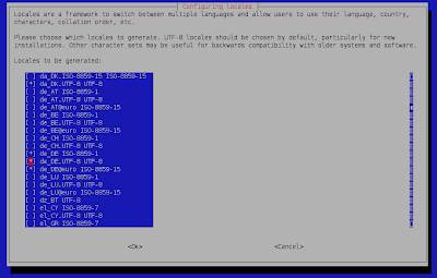 Bildschirmfoto zeigt das Fenster des Programms dpkg-reconfigure. Gewählt sind die deutschen Spracheinstellungen.