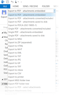 Screen image of MessageExport drop down list, showing many different file types that emails may be converted to. The MessageExport add-in is shown embedded within the Outlook tool bar.