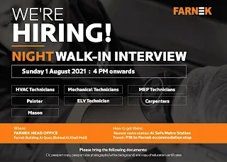 HVAC Technicians, Mechanical Technicians, MEP Technicians, Painte,r ELV Technician, Carpenters, Mason || Farnek Walk In Interview ||Dubai