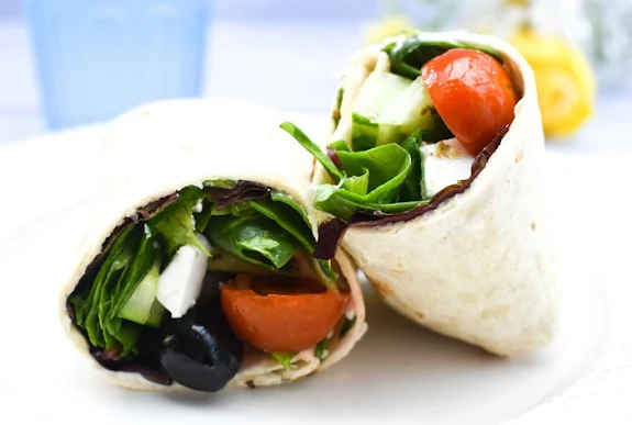 Vegan Greek Salad Lunch Wrap.